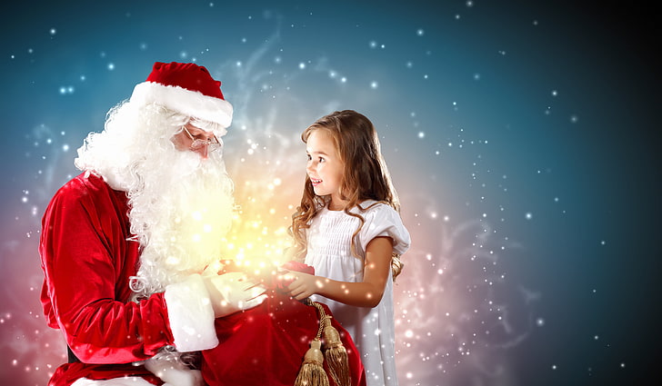 Santa Claus costume, girl, decoration, smile, holiday, gift, toy, New Year, Christmas, curls, face, packages, Santa, HD wallpaper