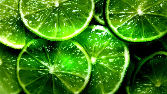 skivade gröna limefrukter, lime, segment, skivor, grön, bakgrund, HD tapet HD wallpaper