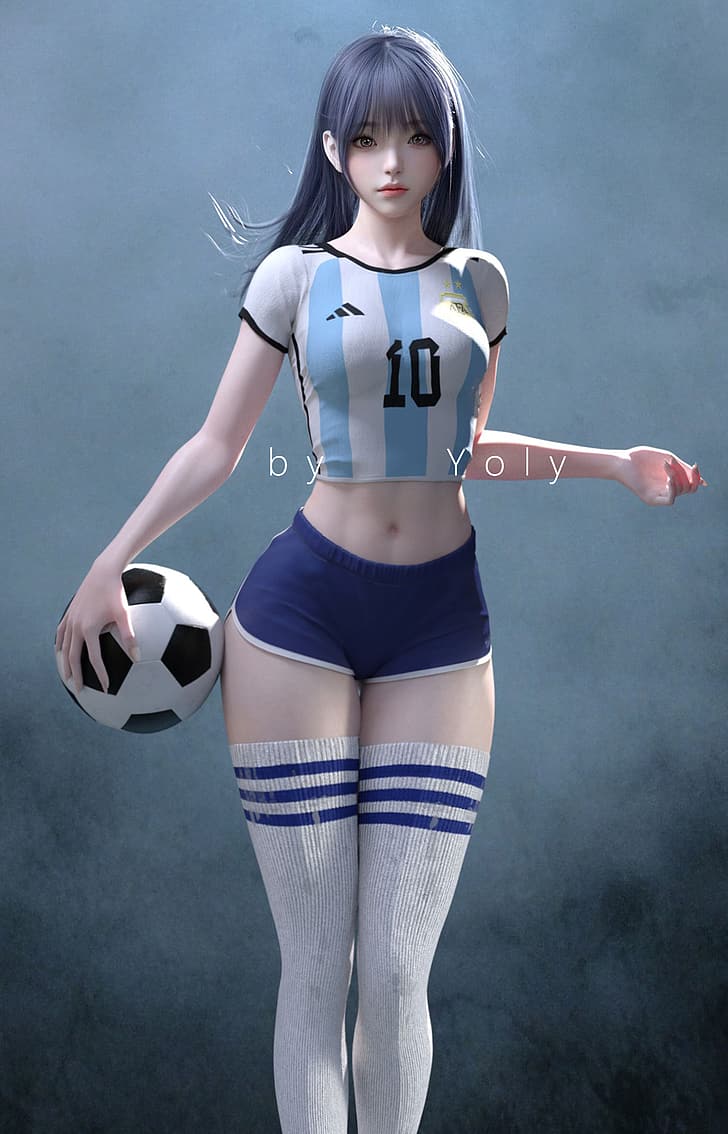 Yoly, Argentina, soccer, soccer girls, soccer ball, stockings, white stockings, FIFA, FIFA World Cup, Asian, asian cosplayer, CGI, digital art, artwork, HD wallpaper