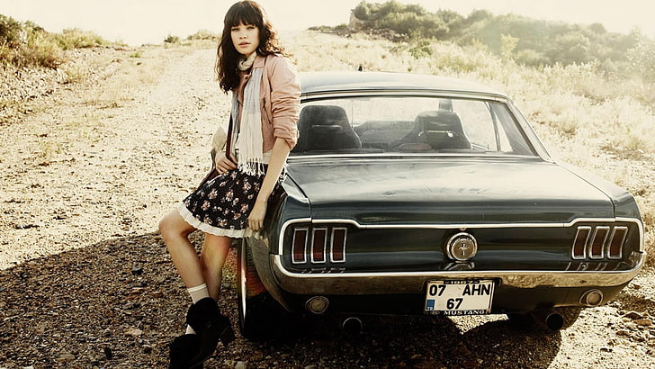 classic black Ford Mustang coupe, girl, car, sit, HD wallpaper