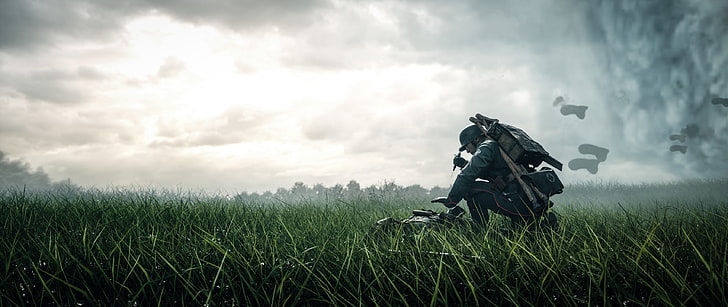 잔디밭에 쪼그리고 앉는 남자, 전장 1, EA 주사위, 1 차 세계 대전, 군인, 전쟁, 비디오 게임, HD 배경 화면
