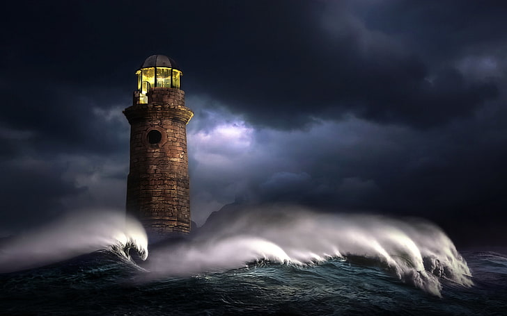 arte digital, 500 px, Nikos Bantouvakis, faro, tormenta, oscuro, mar, olas, Fondo de pantalla HD