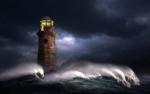 digital art, 500px, Nikos Bantouvakis, lighthouse, storm, dark, sea, waves, HD wallpaper HD wallpaper