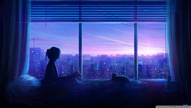 アニメの女の子、窓からの眺め、アニメ、ベッド、街、 HDデスクトップの壁紙