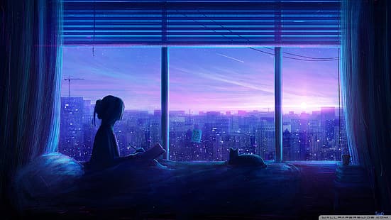 アニメの女の子、窓からの眺め、アニメ、ベッド、街、 HDデスクトップの壁紙 HD wallpaper