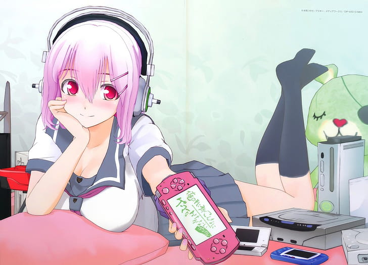 kopfhörer videospiele rosa haare anime super sonico rosa augen albino anime girls playstation portabl menschen rosa haare hd kunst, anime, rosa haare, kopfhörer, videospiele, super sonico, rosa augen, HD-Hintergrundbild
