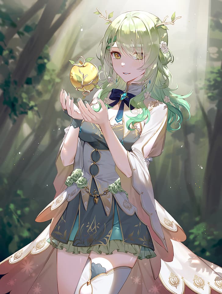 Ceres Fauna, cleavage, dress, Hana3901, Hololive, horns, thigh-highs, antlers, apples, blue ribbons, branch, boobs, flowers, food, forest, fruit, green hair, green nails, hair over one eye, jewelry, looking at viewer, nature, parted lips, ribbon, rose, solo, Virtual Youtuber, yellow eyes, zettai ryouiki, HD wallpaper