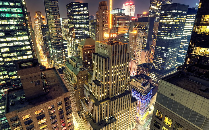 وسط مانهاتن في الليل ، ناطحة سحاب ، مناظر المدينة ، سيتي سكيب ، مدينة ، بناء ، ضوء ، ليل، خلفية HD