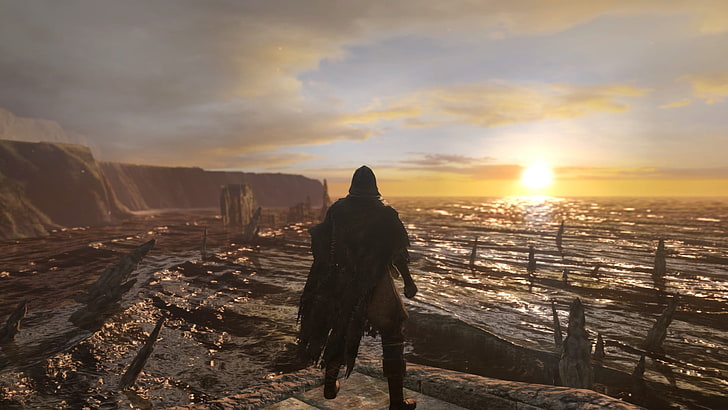 Mann stehend auf Klippe Illustration, Dark Souls II, Majula, Sonnenuntergang, Berge, Meer, Ruine, Untote, Videospiele, HD-Hintergrundbild