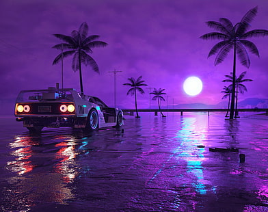  Artistic, Retro Wave, Car, Digital Art, Moon, Night, Purple, HD wallpaper HD wallpaper