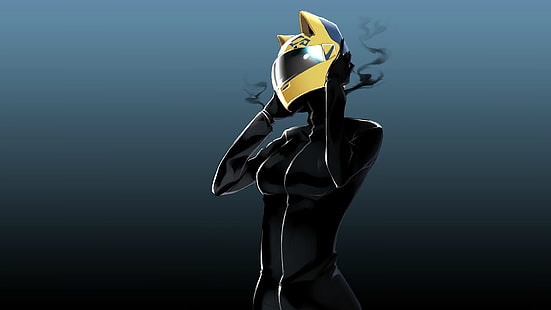 woman wearing jacket and yellow full-face helmet illustration, Durarara!!, Celty Sturluson, anime, helmet, HD wallpaper HD wallpaper
