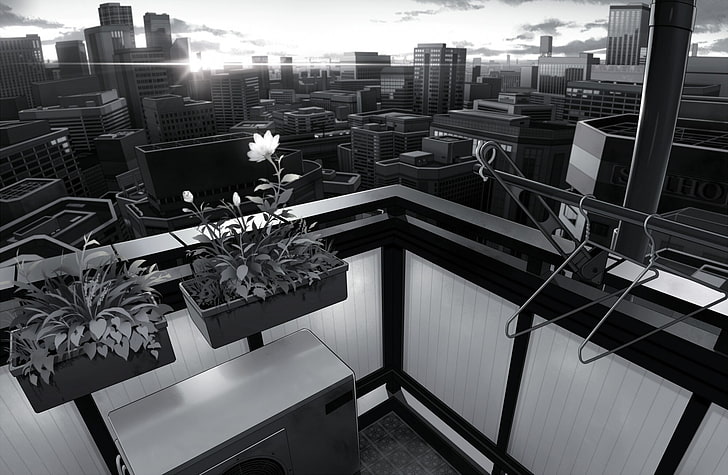 monochrome, balcony, cityscape, anime, artwork, HD wallpaper