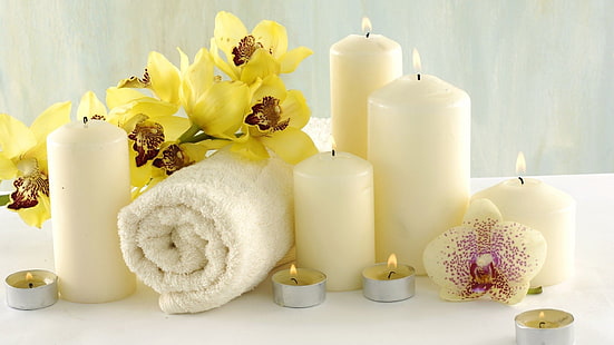 Man Made, Spa, Candle, Flower, Orchid, Still Life, Towel, HD wallpaper HD wallpaper