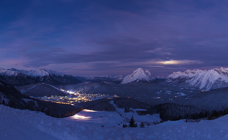 Seefeld Austria Zima, Europa, Austria, Księżyc, Niebieski, Zima, Noc, Stok, Śnieg, panorama, Seefeld, Tyrol, Tirol, Tapety HD