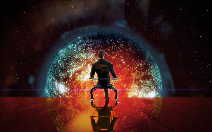 رجل يجلس على كرسي ، ورق حائط رقمي ، رجل مخادع ، خيال علمي ، تأثير شامل ، ألعاب فيديو، خلفية HD