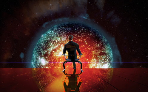 мъж, седнал на стол дигитален тапет, Илюзивен човек, научна фантастика, Mass Effect, видео игри, HD тапет HD wallpaper