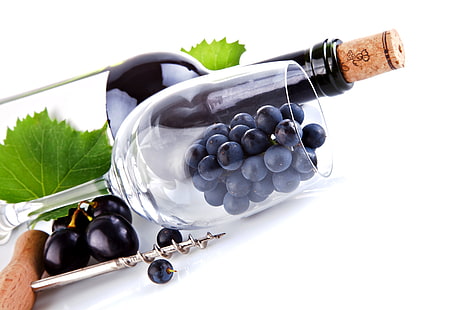 copo de vinho claro, folhas, vinho, vidro, garrafa, uvas, tubo, saca-rolhas, HD papel de parede HD wallpaper