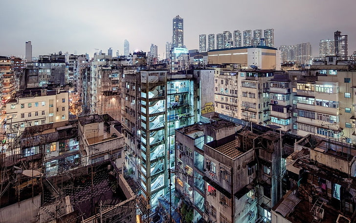 architecture, modern, cityscape, city, building, skyscraper, urban, street, Hong Kong, rooftops, evening, lights, antenna, stairs, bird's eye view, HD wallpaper