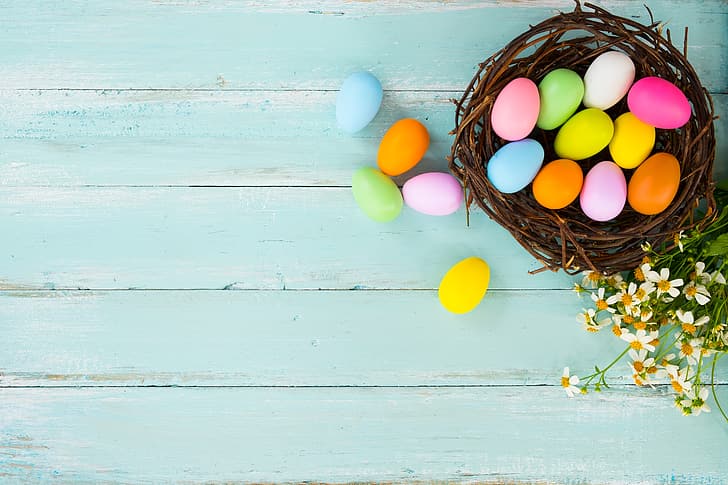 flowers, basket, eggs, spring, colorful, Easter, wood, decoration, Happy, tender, HD wallpaper