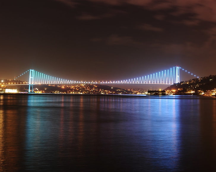lighted bridge, Turkey, Istanbul, bridge, Turkish, night, HD wallpaper