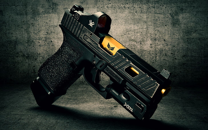 Glock 19 à chargement automatique, piston noir, War & Army, arme de poing, guerre, pistolet, main, Fond d'écran HD