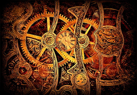fondo de pantalla digital de la perilla de la máquina marrón y negra, mecanismo de relojería, engranajes, engranajes, steampunk, reloj, pantalla panorámica, Fondo de pantalla HD HD wallpaper