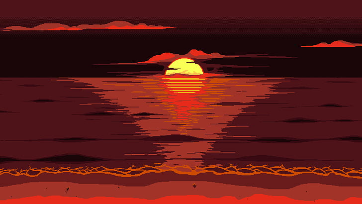 rouge, orange, ciel, coucher de soleil, soleil, rémanence, pixel art, œuvres d'art, art numérique, art, Fond d'écran HD