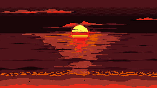 rojo, naranja, cielo, puesta de sol, sol, resplandor crepuscular, pixel art, obra de arte, arte digital, arte, Fondo de pantalla HD HD wallpaper