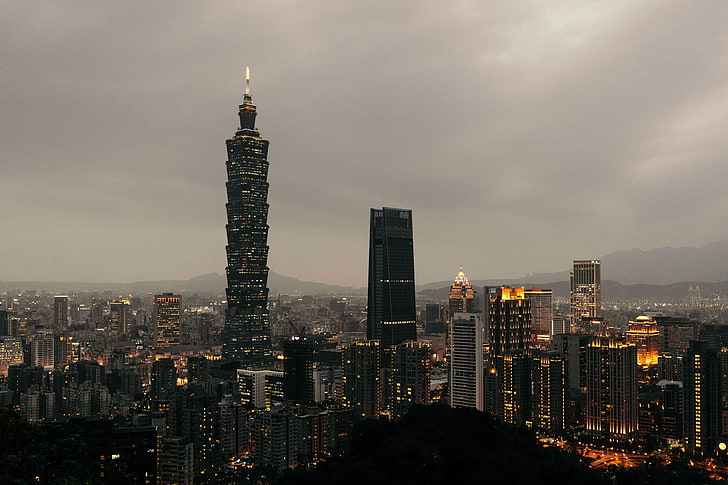 Taipei 101, Tajpej, Tajwan, wieżowce, wieczór, Tapety HD