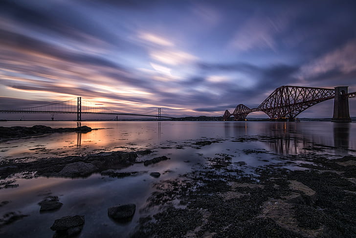 Skottland, Forth Bridge, Storbritannien, Skottland, Forth Bridge, floden, Storbritannien, Forth Bridge, bro, kväll, himmel, moln, HD tapet