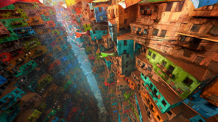 digital art, city, house, favela, fantasy art, HD wallpaper