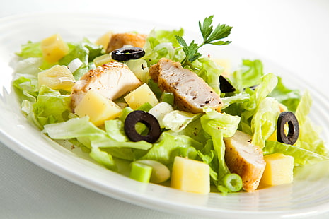 vegetable salad, meat dish, herbs, kale, parsley, HD wallpaper HD wallpaper