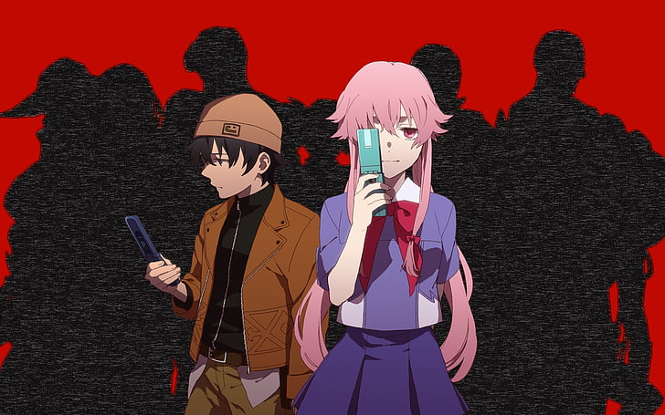 Ilustrasi anime Mirai Niki, anak laki-laki, perempuan, telepon, bayangan, latar belakang, Wallpaper HD