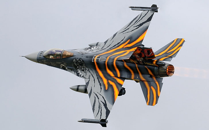 fotografi pesawat tempur hitam dan kuning, pesawat terbang, militer, pesawat terbang, perang, General Dynamics F-16 Fighting Falcon, Wallpaper HD