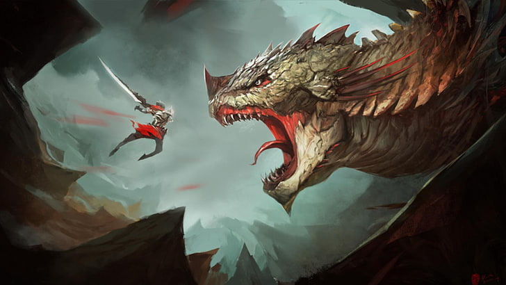 person holding sword in front of green dragon illustration, dragon, warrior, digital art, HD wallpaper