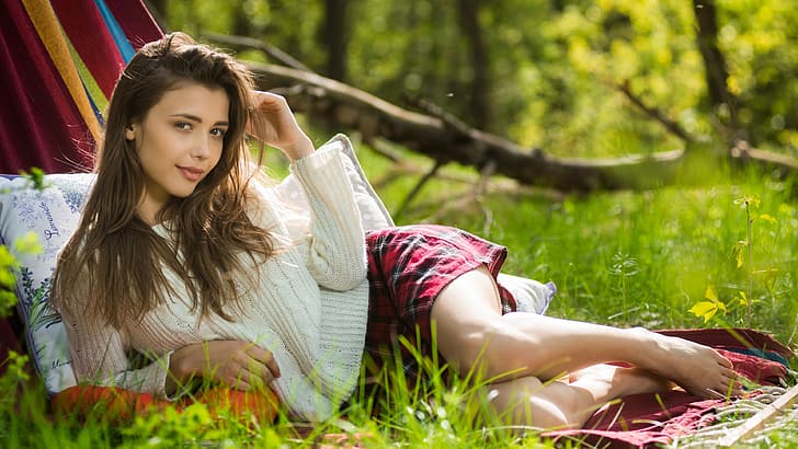 girl, grass, Model, long hair, legs, brown eyes, photo, brown, barefoot, beauty, bokeh, lips, face, meadow, skirt, portrait, foot, mouth, looking at camera, sweater, depth of field, plaid skirt, straight hair, miniskirt, looking at viewer, sensual gaze, lying on side, hand in hair, HD wallpaper