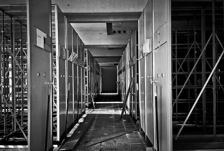 ailing, architecture, archive, archive cabinets, atmosphere, black white, black and white, break up, broken, building, dark, decay, destroyed, destruction, dilapidated, forget, gang, lapsed, leave, lost places, meta, HD wallpaper