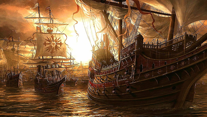 sailing ship, manila galleon, fantasy art, art, illustration, ship, flagship, HD wallpaper