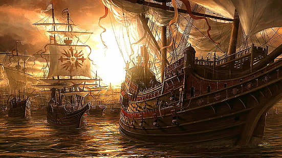żaglowiec, galeon maniliowy, sztuka fantasy, sztuka, ilustracja, statek, okręt flagowy, Tapety HD HD wallpaper