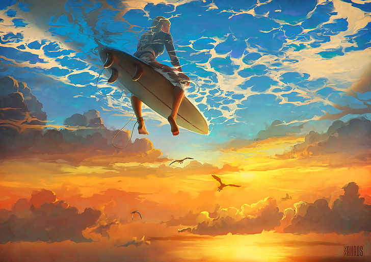 mulher andando na prancha de surf branca papel de parede digital, arte da fantasia, arte, surf, pranchas de surf, mulheres, água, nuvens, céu, azul, HD papel de parede