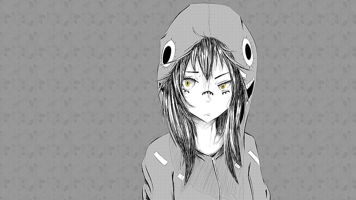 wanita berambut hitam dalam ilustrasi hoodie, anime, gadis, grafis, topi, hitam putih, Wallpaper HD