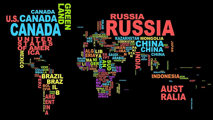 nube de palabras del mapa mundial, foto del mapa del mundo en formato de texto, mapa, tipografía, colorido, oscuro, fondo negro, mundo, simple, minimalismo, países, Europa, nubes de palabras, Fondo de pantalla HD