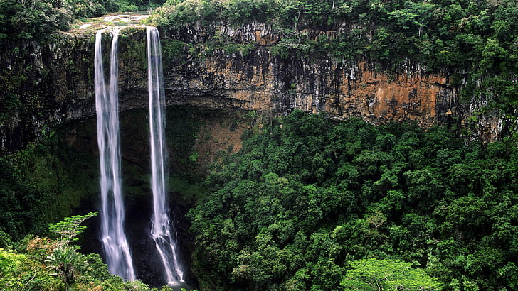 przyroda, krajobraz, daleki widok, drzewa, las, skały, woda, las tropikalny, monsun, wodospad, wodospady Chamarel, Mauritius, Tapety HD