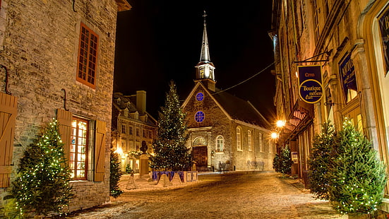 家、都市、ライト、雪、キリスト教、ケベック州、夜、歴史、木、通り、クリスマス、窓、カナダ、長時間露光、建物、建築、古い建物、教会、塔、町、冬、クリスマスツリー、クリスマスライト、 HDデスクトップの壁紙 HD wallpaper