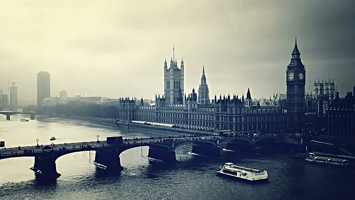 reflection, river, thames, london, europe, black and white, downtown, building, tower, water, cityscape, daytime, sky, bridge, metropolis, england, landmark, skyscraper, big ben, skyline, HD wallpaper