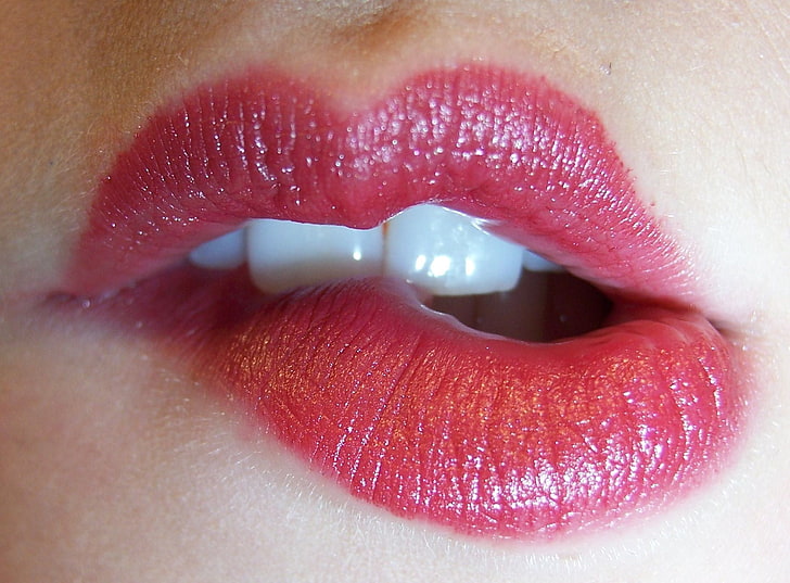 red lipstick, mouths, lipstick, red lipstick, biting lip, closeup, juicy lips, HD wallpaper