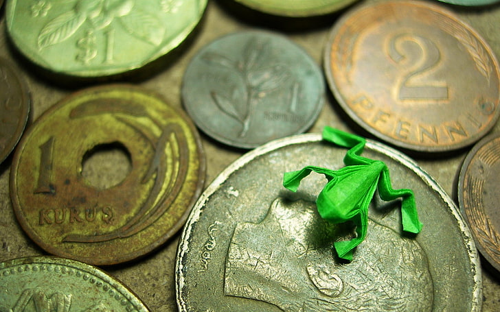 origami, grenouille, pièces de monnaie, argent, papier, Fond d'écran HD