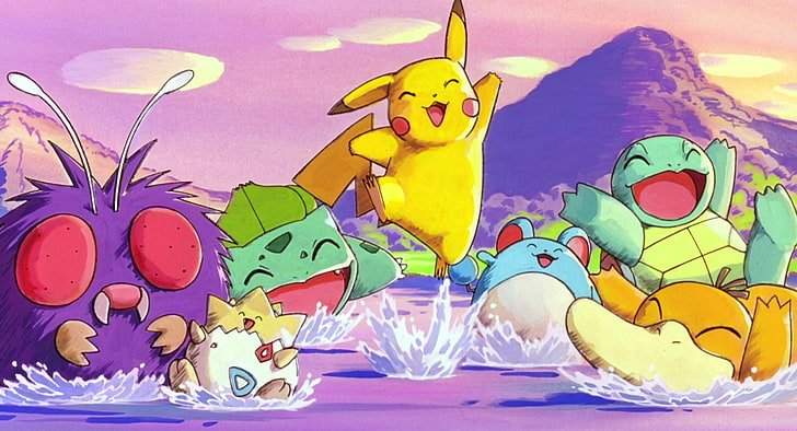Pokemon Pikachu wallpaper, Pokémon, Bulbasaur (Pokémon), Marill (Pokémon), Pikachu, Psyduck (Pokémon), Squirtle (Pokémon), Togepi (Pokémon), Venonat (Pokémon), HD wallpaper