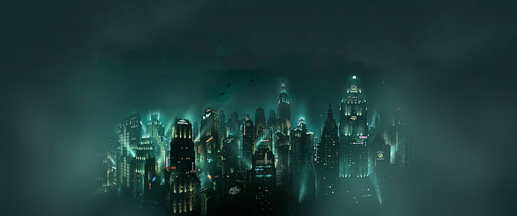 carta da parati skyline della città, paesaggio urbano, sott'acqua, BioShock, Sfondo HD