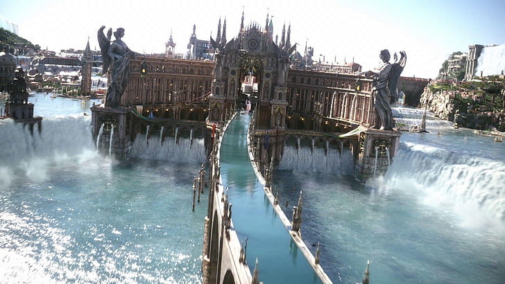 Edificio de hormigón gris con estatua, Final Fantasy XV, Altissia, Final Fantasy, videojuegos, Fondo de pantalla HD